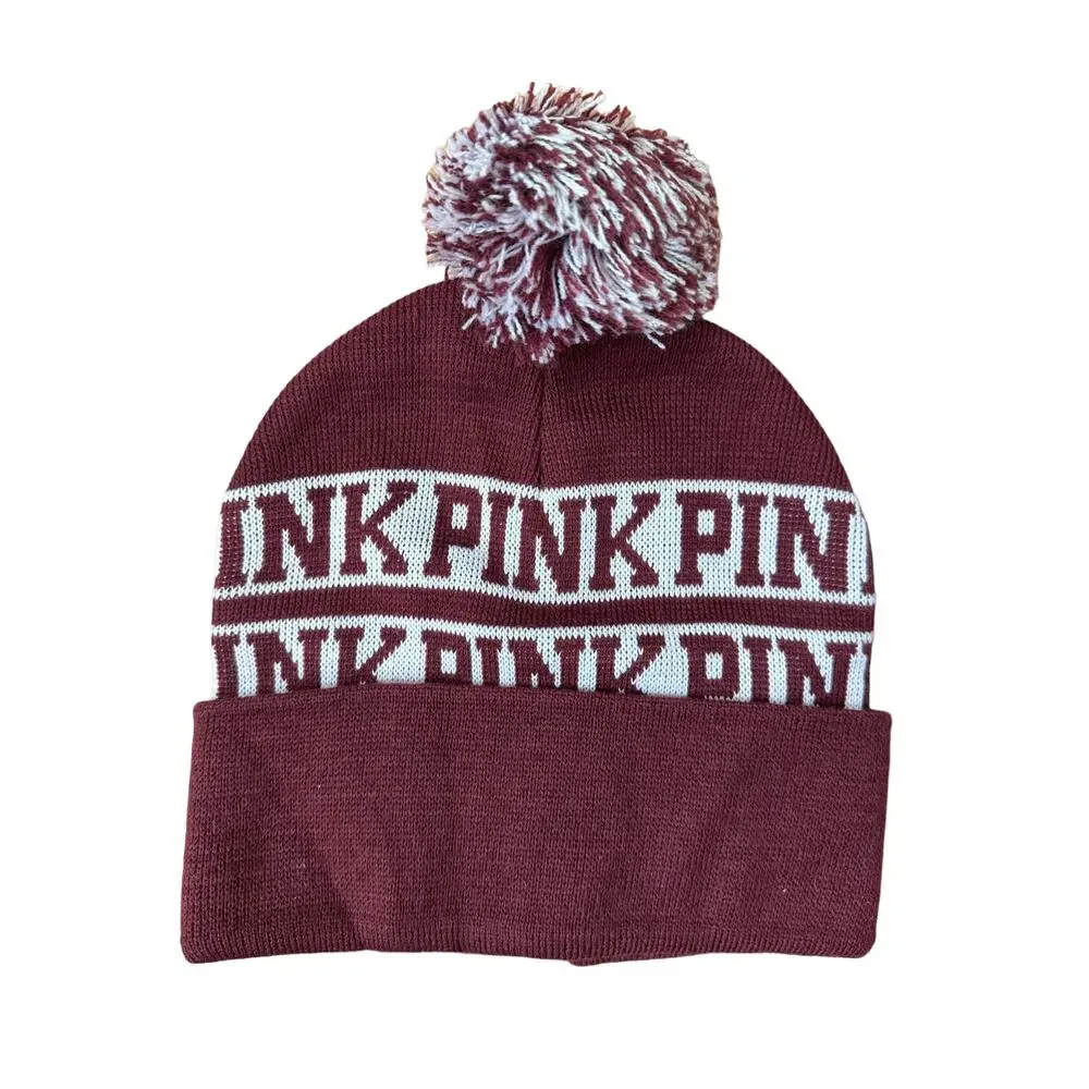 PINK Victoria's Secret Maroon & White Pom-Pom Beanie Hat New